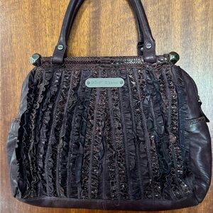 Betsey Johnson Black and Brown Ruffled Shoulder Bag